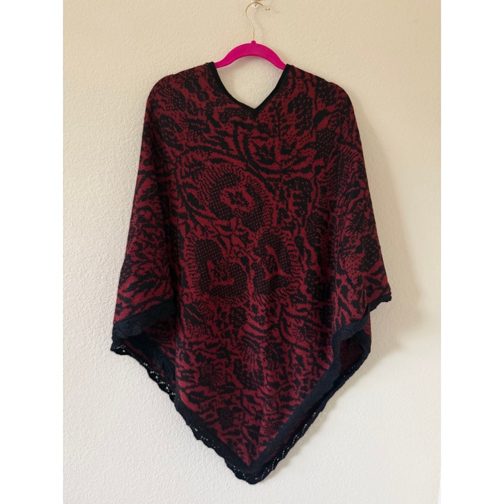 Peruvian Connection Alpaca Wool Poncho Burgundy Black Lace Trim L/XL Cottage - Picture 3 of 6